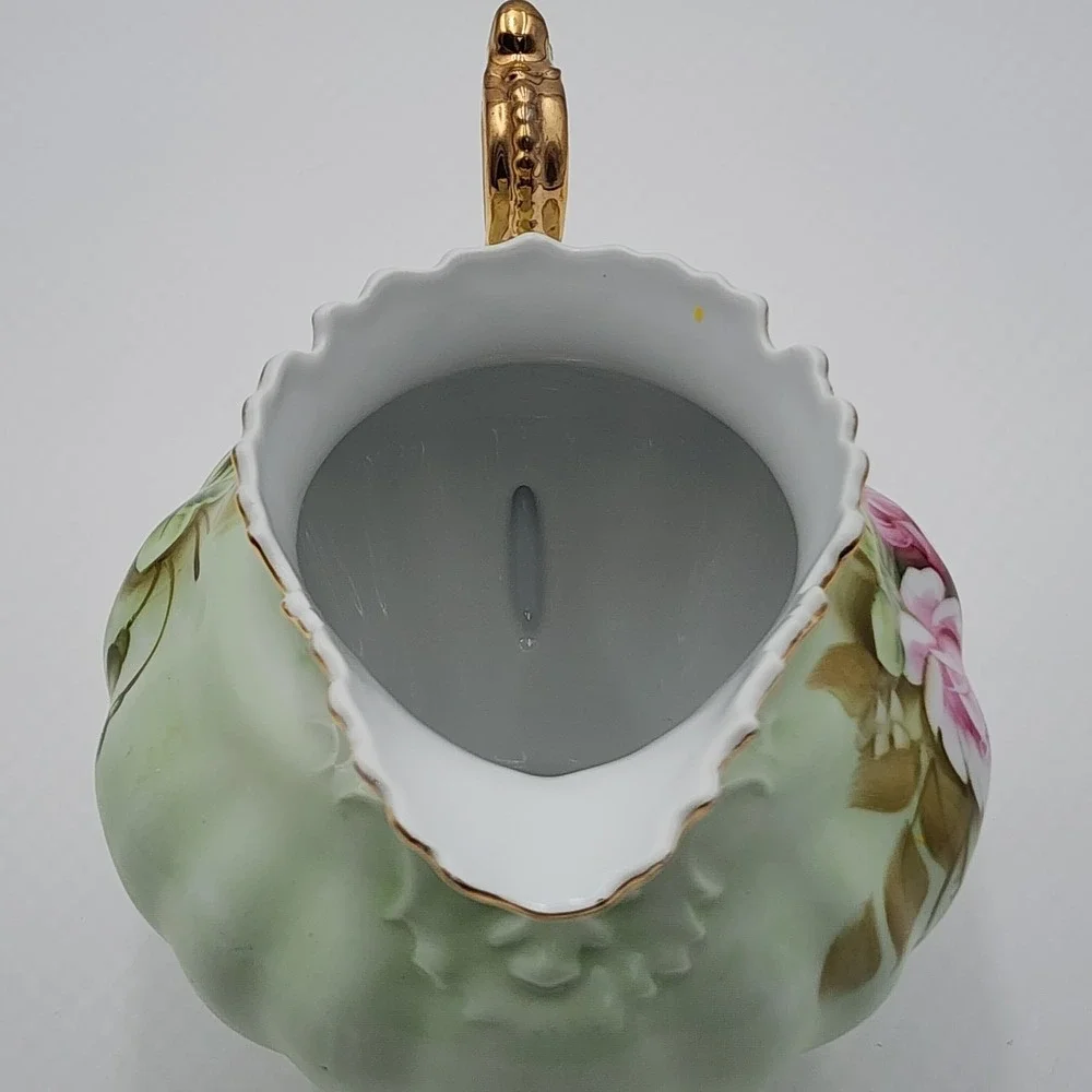 Vintage Lefton Rose Pitcher Hand Painted Green Porcelain Gold Trim 796